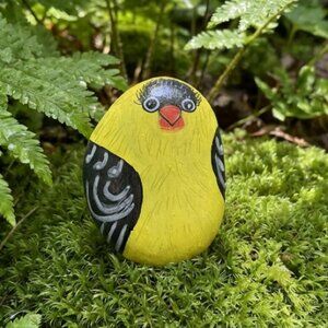 Hand crafted painted yellow bird rock black stone white orange 2x2 inch approx